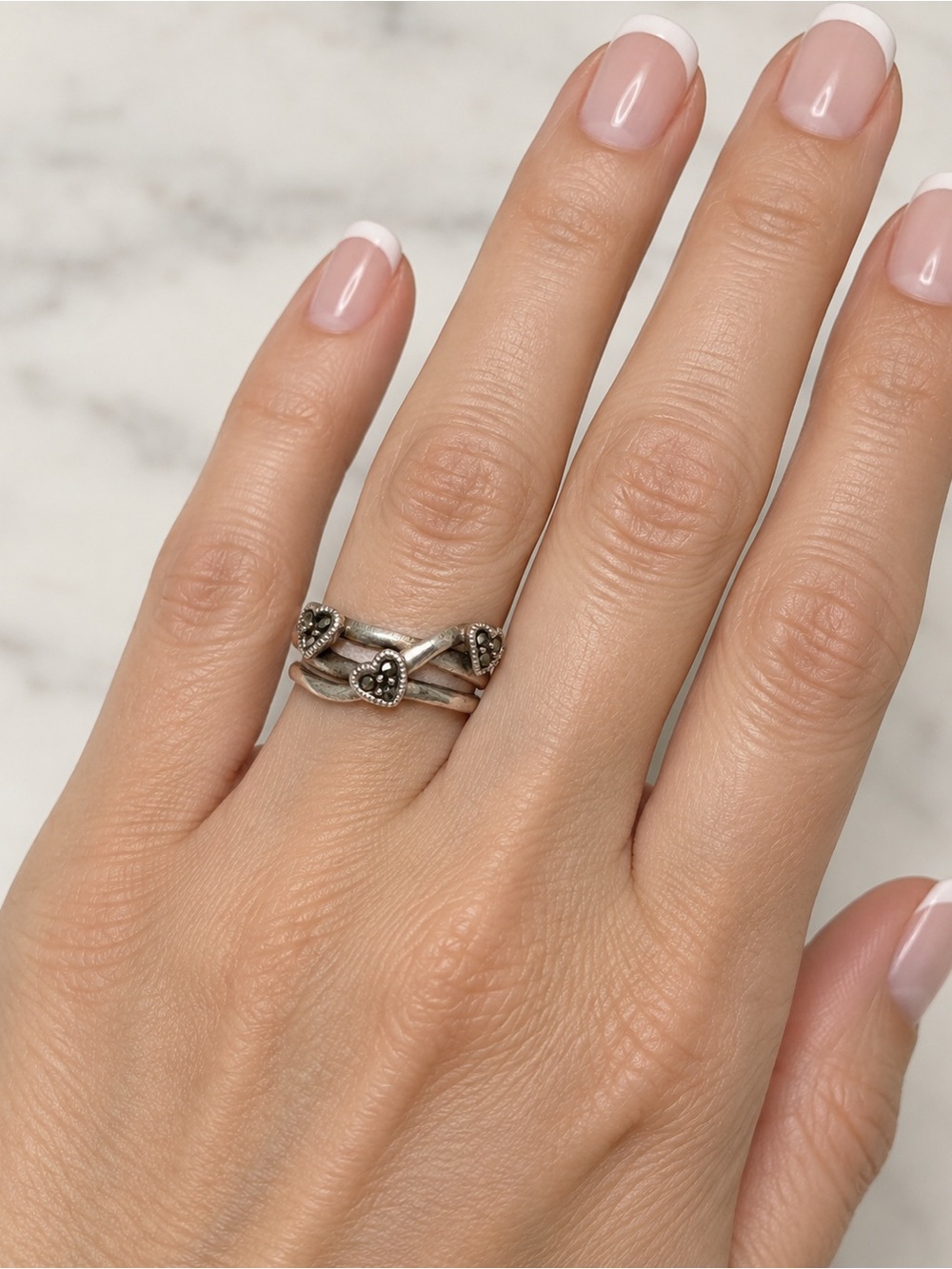 STERLING SILVER and Marcasite Ring 3 Hearts Size 7.5